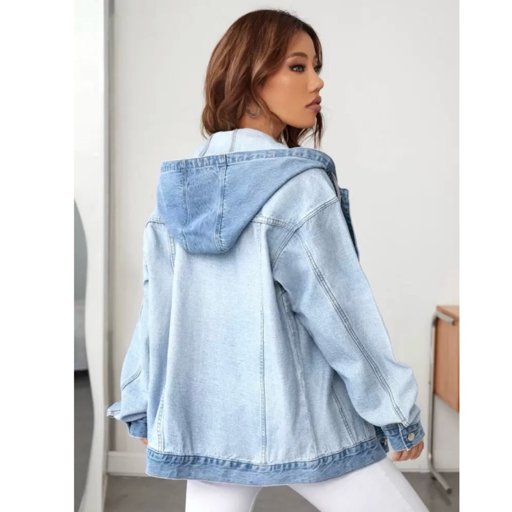Shein EZwear Flap pocket Drawstring Hooded Light Blue Denim Jacket - Picture 4 of 7